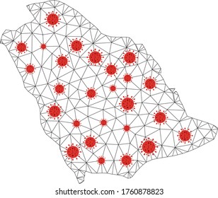Mapa de Arabia Saudita en malla poligonal con centros del coronavirus. Resumen de líneas de red, triángulos y virus codificados de Arabia Saudita. Red poligonal 2D del marco de cables vectores en colores negro y rojo.