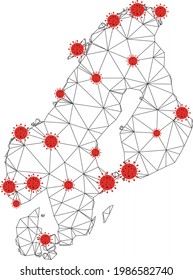 Mapa de escandinavia de malla poligonal con centros de coronavirus. Resumen de líneas conectadas en malla y virus de la gripe en el mapa de Escandinavia. Red poligonal 2D del marco de cables vectores en colores negro y rojo.