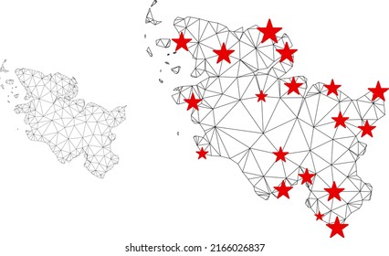 Polygonal mesh Schleswig-Holstein Land map with red star centers. Abstract network connected lines and stars form Schleswig-Holstein Land map.