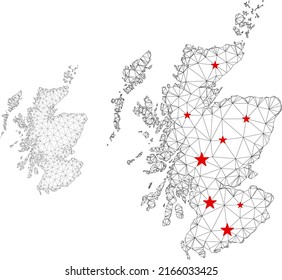 Polygonal mesh Scotland map with red star centers. Abstract mesh connected lines and stars form Scotland map. Vector wireframe 2D polygonal network in black and red colors.