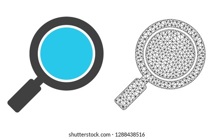 Polygonal mesh search loupe and flat icon are isolated on a white background. Abstract black mesh lines, triangles and dots forms search loupe icon.