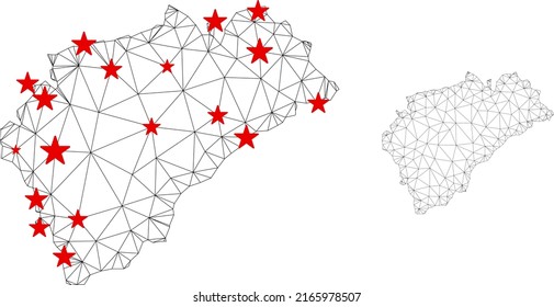 Polygonal mesh Segovia Province map with red star centers. Abstract net connected lines and stars form Segovia Province map. Vector wireframe flat polygonal network in black and red colors.