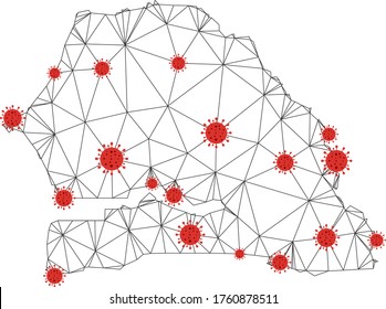 Mapa de malla poligonal Senegal con centros de coronavirus. Resumen de las líneas conectadas a la red y virus codificados del mapa de Senegal. Red poligonal plana con marco de alambre de vectores en colores negro y rojo.