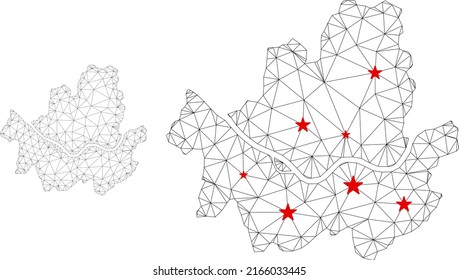 Polygonal mesh Seoul city map with red star centers. Abstract mesh connected lines and stars form Seoul city map. Vector wireframe flat polygonal network in black and red colors.
