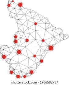 Polygonal mesh Sergipe State map with coronavirus centers. Abstract network connected lines and covid viruses on Sergipe State map. Vector wireframe flat polygonal network in black and red colors.