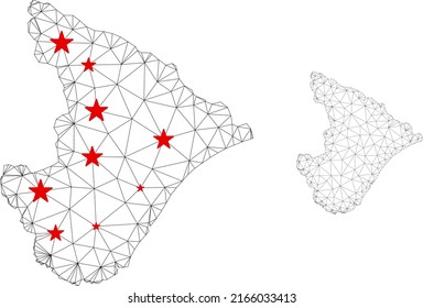 Mapa estatal sergipe de malla poligonal con centros de estrellas rojas. Resumen de líneas conectadas en red y estrellas del mapa del estado de Sergipe. Red poligonal 2D del marco de cables vectores en colores negro y rojo.