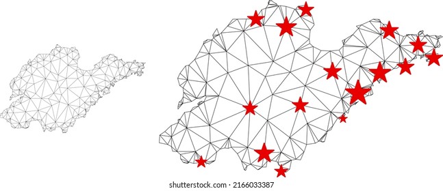 Mapa de malla poligonal de la provincia de Shandong con centros de estrellas rojas. Resumen de líneas y estrellas conectadas en malla del mapa de la provincia de Shandong. Vector wireframe red poligonal plana en color negro y rojo.