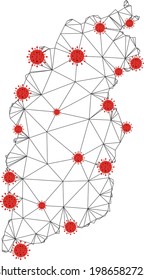 Polygonal mesh Shanxi Province map with coronavirus centers. Abstract mesh connected lines and covid viruses on Shanxi Province map. Vector wireframe 2D polygonal network in black and red colors.