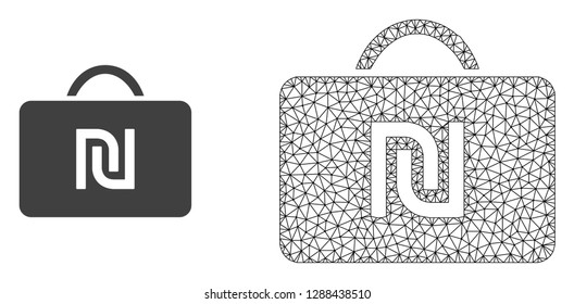 Polygonal mesh shekel case and flat icon are isolated on a white background. Abstract black mesh lines, triangles and dots forms shekel case icon.