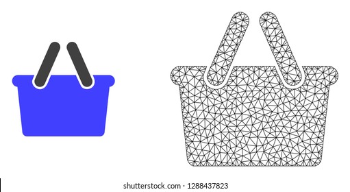 Polygonal mesh shopping bag and flat icon are isolated on a white background. Abstract black mesh lines, triangles and nodes forms shopping bag icon.