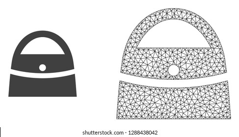 Polygonal mesh shopping bag and flat icon are isolated on a white background. Abstract black mesh lines, triangles and dots forms shopping bag icon.