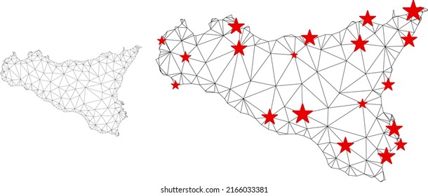 Polygonal mesh Sicilia map with red star centers. Abstract network connected lines and stars form Sicilia map. Vector wireframe flat polygonal network in black and red colors.