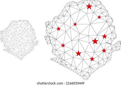Polygonal mesh Sierra Leone map with red star centers. Abstract mesh connected lines and stars form Sierra Leone map. Vector wireframe 2D polygonal network in black and red colors.
