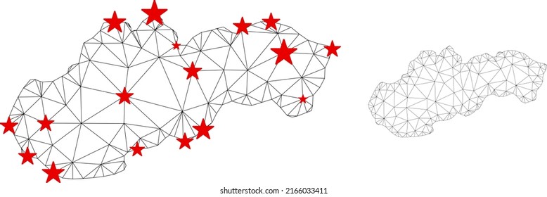 Mapa de Eslovaquia de malla poligonal con centros de estrellas rojas. Resumen de líneas conectadas en red y estrellas de mapa de Eslovaquia. Red poligonal 2D de marco de alambre de vectores en colores negro y rojo.