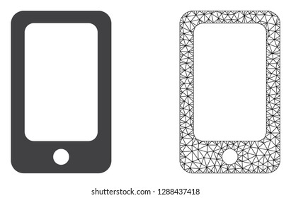 Polygonal mesh smartphone and flat icon are isolated on a white background. Abstract black mesh lines, triangles and nodes forms smartphone icon.