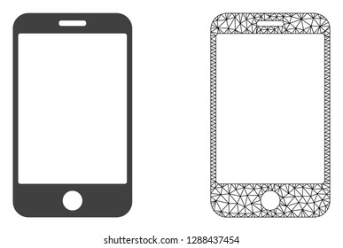 Polygonal mesh smartphone and flat icon are isolated on a white background. Abstract black mesh lines, triangles and nodes forms smartphone icon.