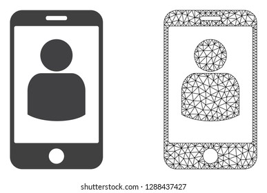 Polygonal mesh smartphone user and flat icon are isolated on a white background. Abstract black mesh lines, triangles and nodes forms smartphone user icon.