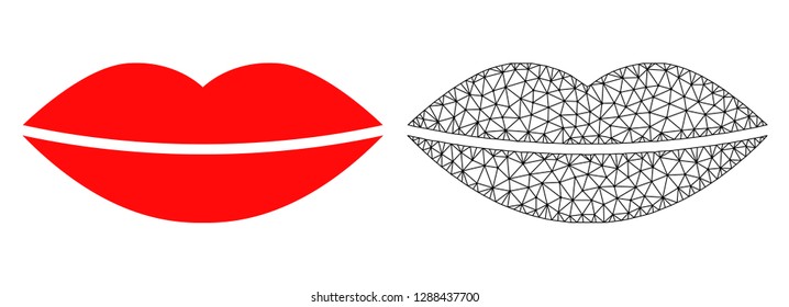 Polygonal mesh smile lips and flat icon are isolated on a white background. Abstract black mesh lines, triangles and dots forms smile lips icon.