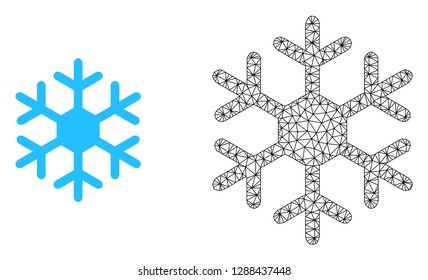 Polygonal mesh snowflake and flat icon are isolated on a white background. Abstract black mesh lines, triangles and dots forms snowflake icon.