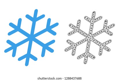 Polygonal mesh snowflake and flat icon are isolated on a white background. Abstract black mesh lines, triangles and dots forms snowflake icon.
