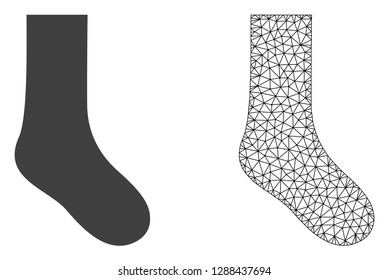 Polygonal mesh sock and flat icon are isolated on a white background. Abstract black mesh lines, triangles and nodes forms sock icon.