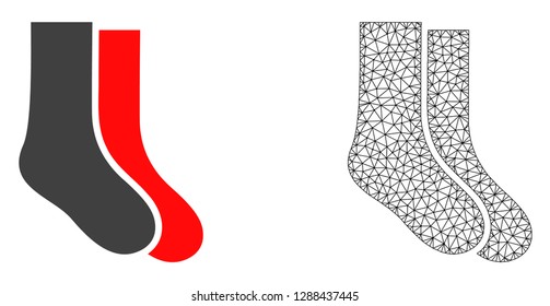 Polygonal mesh socks and flat icon are isolated on a white background. Abstract black mesh lines, triangles and dots forms socks icon.