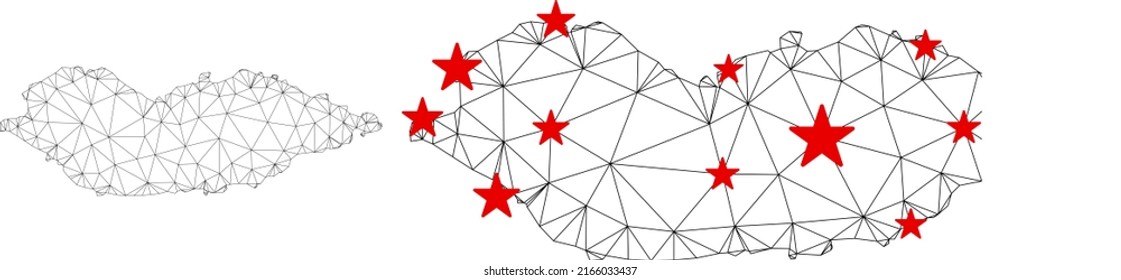 Mapa de la isla Socotra de malla poligonal con centros de estrellas rojas. Resumen de líneas conectadas en red y estrellas del mapa de la isla de Socotra. Vector wireframe red poligonal plana en color negro y rojo.