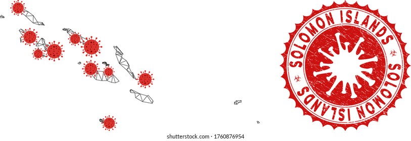 Polygonal mesh Solomon Islands map with coronavirus centers. Abstract mesh connected lines and covid viruses form Solomon Islands map. Vector wireframe flat polygonal network in black and red colors.