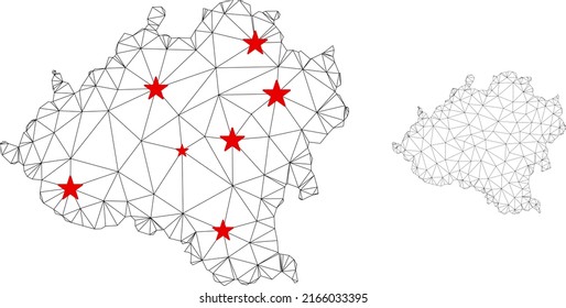 Polygonal mesh Soria Province map with red star centers. Abstract mesh connected lines and stars form Soria Province map. Vector wireframe 2D polygonal network in black and red colors.