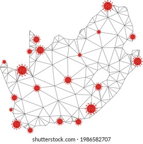 Polygonal mesh South African Republic map with coronavirus centers. Abstract mesh connected lines and covid- 2019 viruses on South African Republic map.