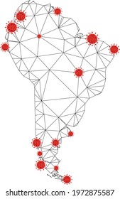 Polygonal mesh South America map with coronavirus centers. Abstract network connected lines and covid viruses form South America map. Vector wire frame 2D polygonal network in black and red colors.