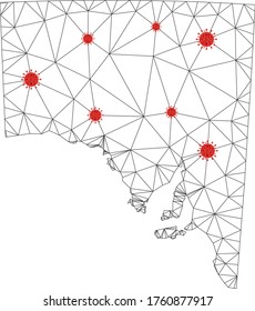 Polygonal mesh South Australia map with coronavirus centers. Abstract network connected lines and flu viruses form South Australia map. Vector wire frame 2D polygonal network in black and red colors.