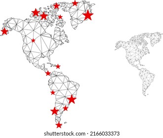 Polygonal mesh South and North America map with red star centers. Abstract mesh connected lines and stars form South and North America map.