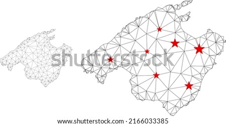 Polygonal mesh Spain Mallorca Island map with red star centers. Abstract mesh connected lines and stars form Spain Mallorca Island map. Vector wireframe 2D triangular network in black and red colors.