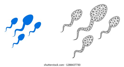 Polygonal mesh sperm cells and flat icon are isolated on a white background. Abstract black mesh lines, triangles and nodes forms sperm cells icon.