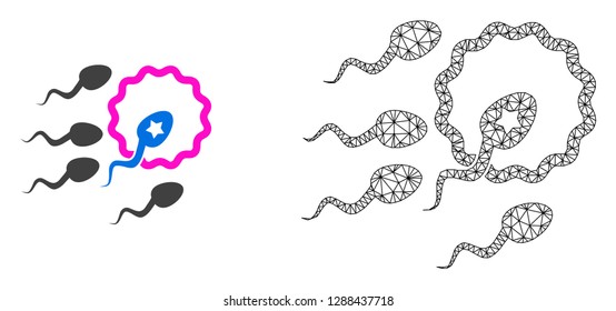 Polygonal mesh sperm insemination and flat icon are isolated on a white background. Abstract black mesh lines, triangles and nodes forms sperm insemination icon.
