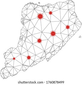 Polygonal mesh Staten Island map with coronavirus centers. Abstract network connected lines and flu viruses form Staten Island map. Vector wireframe flat polygonal network in black and red colors.