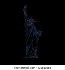 Polygonal mesh Statue of Liberty illustration. Independence Day background with a monument in New York City. Vector low poly neon blue and red lines and dots.