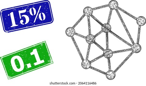 Polygonal mesh structure model, and 15 percent blue and green rectangular textured stamp seals. Polygonal carcass illustration created from mesh structure icon.
