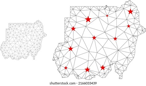 Polygonal mesh Sudan map with red star centers. Abstract mesh connected lines and stars form Sudan map. Vector wireframe 2D polygonal network in black and red colors.