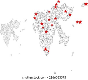 Polygonal Mesh Svalbard Island Karte mit roten Sternen Zentren. Abstraktes Netzwerk verbindet Linien und Sterne von Svalbard Island Karte. Vektor Wireframe 2D Polygonnetzwerk in Schwarz und Rot Farben.