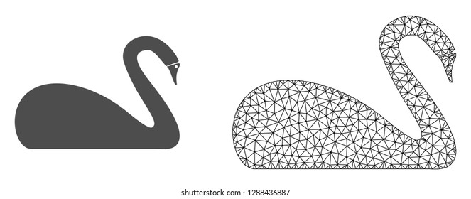 Polygonal mesh swan and flat icon are isolated on a white background. Abstract black mesh lines, triangles and nodes forms swan icon.