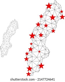 Polygonal Mesh Schweden Karte mit roten Sternen Zentren. Abstrakte Maschenlinien und Sterne bilden die schwedische Karte. Vektor Wireframe 2D Polygonnetzwerk in Schwarz und Rot Farben.