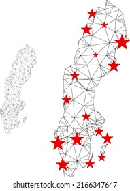 Polygonal Mesh Schweden Karte mit roten Sternen Zentren. Abstraktes Netzwerk verbindet Linien und Sterne von Schweden Karte. Vectordrahmen flaches polygonales Netz in Schwarz und Rot.