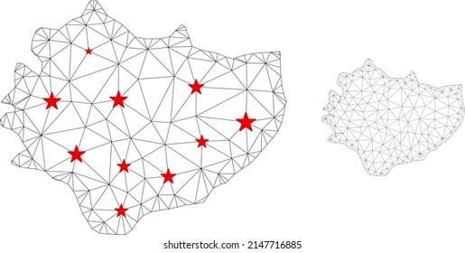 Polygonal mesh Swietokrzyskie Voivodeship map with red star centers. Abstract network connected lines and stars form Swietokrzyskie Voivodeship map.