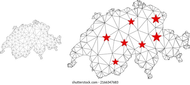 Polygonal mesh Switzerland map with red star centers. Abstract mesh connected lines and stars form Switzerland map. Vector wire frame flat polygonal network in black and red colors.