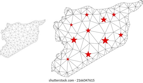 Polygonal mesh Syria map with red star centers. Abstract mesh connected lines and stars form Syria map. Vector wireframe flat polygonal network in black and red colors.