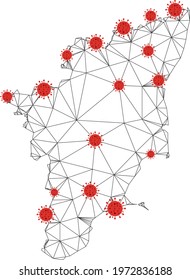 Polygonal Mesh Tamil Nadu State Map With Coronavirus Centers. Abstract Network Connected Lines And Covid Viruses Form Tamil Nadu State Map.