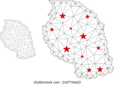 Polygonal mesh Tanzania map with red star centers. Abstract network connected lines and stars form Tanzania map. Vector wireframe flat polygonal network in black and red colors.