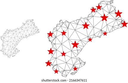 Polygonal mesh Tarragona Province map with red star centers. Abstract net connected lines and stars form Tarragona Province map. Vector wireframe 2D polygonal network in black and red colors.